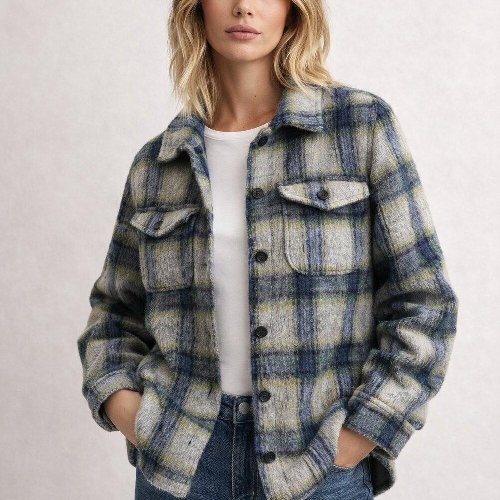 Rails Turner Plaid Wool Blend Shacket Jacket Cobalt Lime Smoke Womens Small